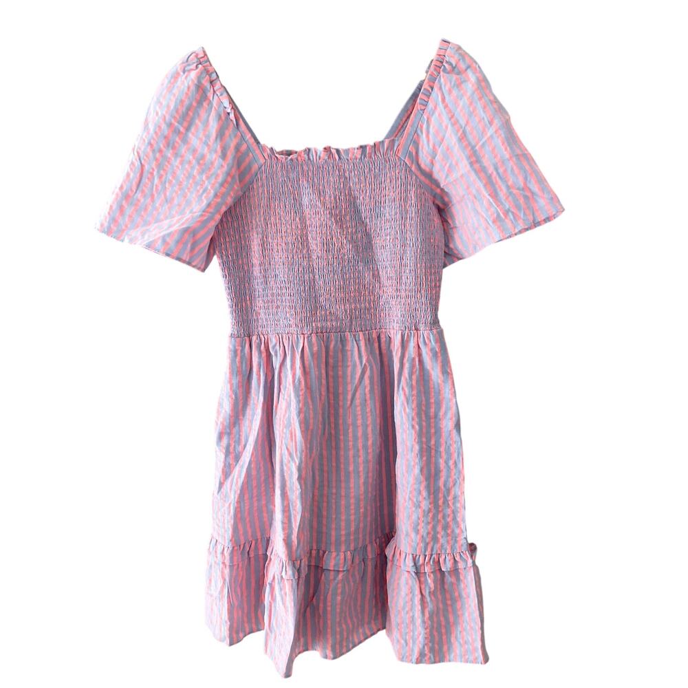 Draper James Goldie Smocked Dress Seersucker Stripe - Pink Purple - Small